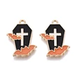 Kép 1/3 - Medál - Halloweeni koporsó, fehér kereszt díszítéssel és narancs denevérrel és arany 21,5x16x1,5mm