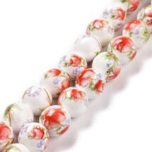 Kerámia gyöngy - 10mm - fehér alapon - piros - zöld levelekkel virágos 