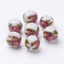 Kerámia gyöngy - 10mm - Fehér alapon rózsaszín virág mintás - gömb alakú 