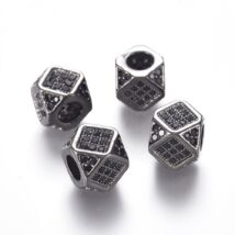 Köztes gyöngy - Fekete cirkón kővel díszített sokszög - 6,5mm - hematit színű foglalatban