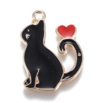 Medál - fekete macska piros szívvel - halvány arany