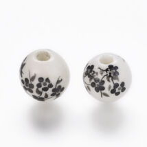 Kerámia gyöngy - 10mm - Fehér alapon fekete virág mintás - gömb alakú