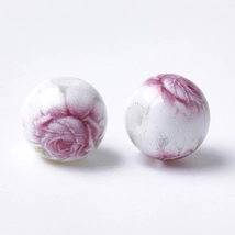 Üveggyöngy - 10mm - nyomtatott - élénk rózsaszín színű virággal - fehér alapon