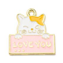 Medál - macska szóval Love You felirattal - cink ötvözetből - világos arany - rózsaszín színben - 24.5x23.5x1.5mm 