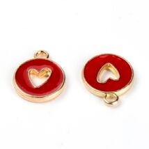 Medál - szív - zománc - lapos kerek - üreges szívvel -  világos arany és piros színben 14x12x2mm 