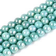 Üveggyöngy - gyöngyházfényű, irizáló, kerek, türkiz, 8x7,5 mm