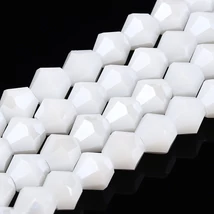 Üveggyöngy - 6x5.5mm - telt,  galvanizált, gyöngyházfényű, fazettált, fehér, rombusz 