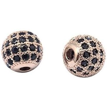 Cirkon - Fekete -  kővel díszített - 8mm - gömb alakú köztes gyöngy, rózsaarany színű foglalatban