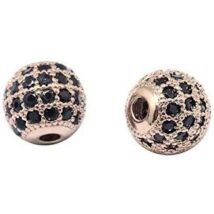 Cirkon - Fekete -  kővel díszített - 8mm - gömb alakú köztes gyöngy, rózsaarany színű foglalatban