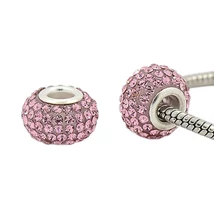 Strasszos Pandora gyöngy - 12x8mm - Halvány rózsaszín - ezüst színben 
