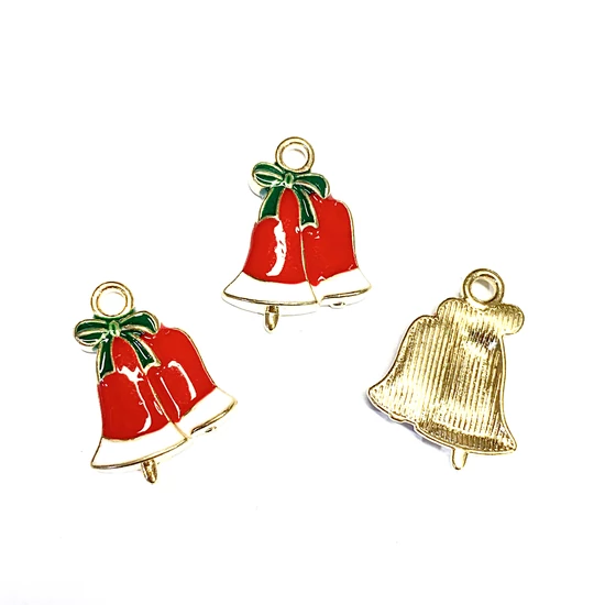 Medál - karácsonyi harang - 21x16x3mm - zöld, piros és halvány arany színekben