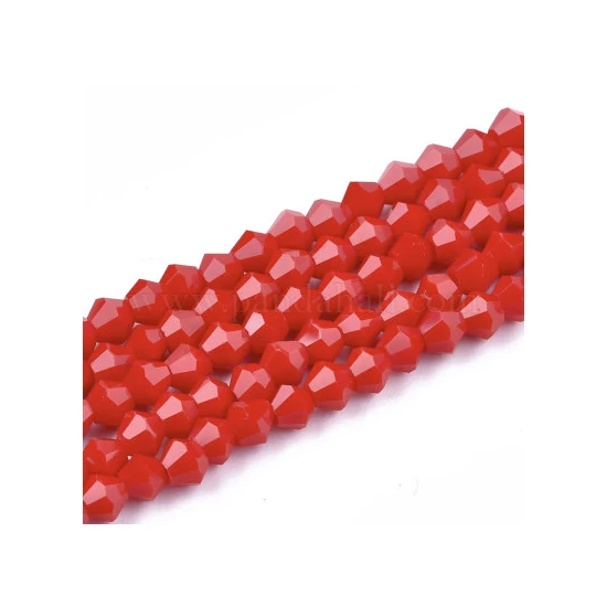 Üveggyöngy - 4x4,5mm csiszolt bicone - piros színben - jáde utánzat