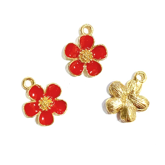 Medál - virág - 16x13mm - halvány arany és piros színben - Nikkelmentes!