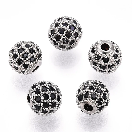 Cirkon kővel díszített - 8x7mm - gömb alakú köztes gyöngy, ezüst színű foglalatban, fekete strasszos