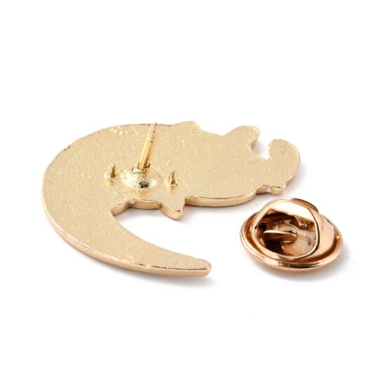 Kitűző - hold  és macska - zománcozott halvány arany pillangó kapoccsal