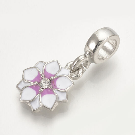 Medál - Ötvözött zománc - virág - strassz közepű - fehér és rózsaszín – ezüst medálvezetővel