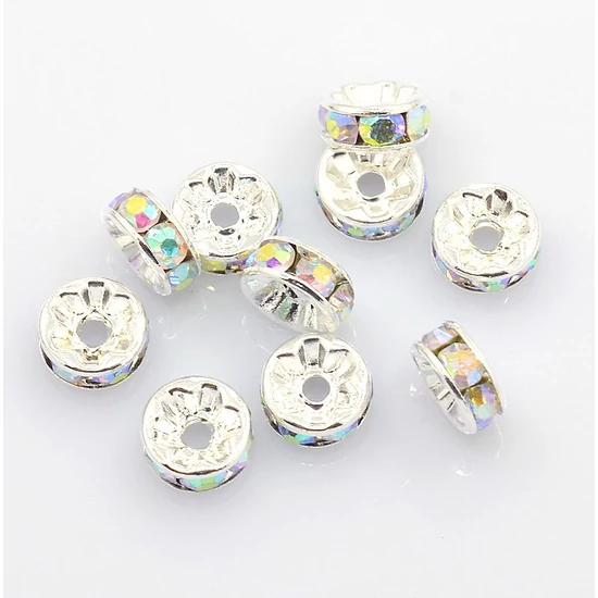 Köztes - rondella - 8mm - kristály AB strasszal - ezüst színben 