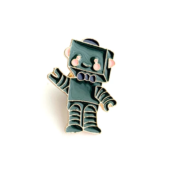 Kitűző - robot - sötétzöld - sötétzöld zománcozott és arany pillangó kapoccsal - Nikkelmentes! 