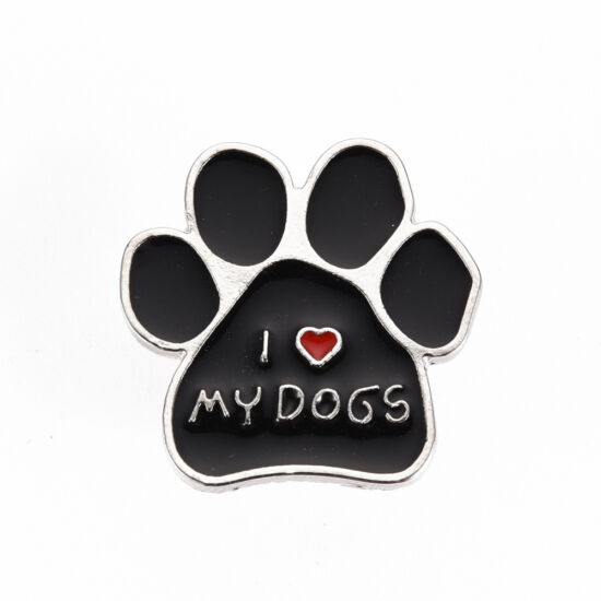 Kitűző - kutya talp - fekete alapon - I LOVE MY DOG felirattal - Nikkelmentes! 