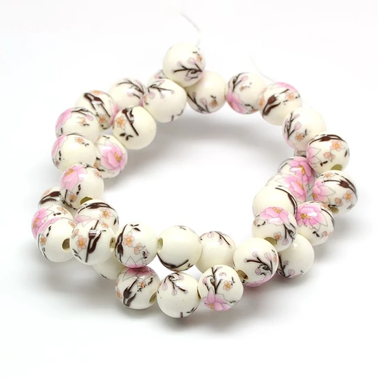 Handmade Flower Printed Porcelain Ceramic Beads Strands, Round, Pearl Pink, 10mm