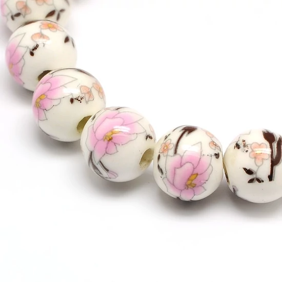 Handmade Flower Printed Porcelain Ceramic Beads Strands, Round, Pearl Pink, 10mm
