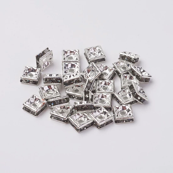 Rondella - 6x6mm - négyzet - ezüst - füst színű kővel