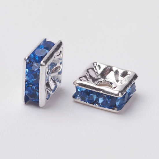 Rondella - 6x6mm - négyzet - ezüst - halvány zafír színű kővel