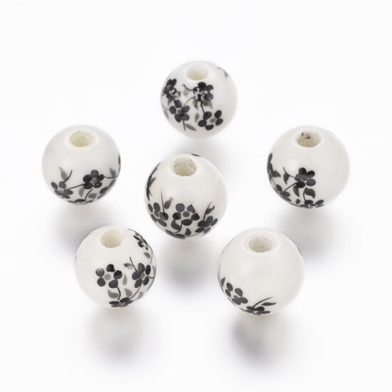 Kerámia gyöngy - 10mm - Fehér alapon fekete virág mintás - gömb alakú