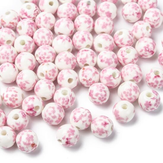 Kerámia gyöngy - 10mm - Fehér alapon rózsaszín virág mintás - gömb alakú