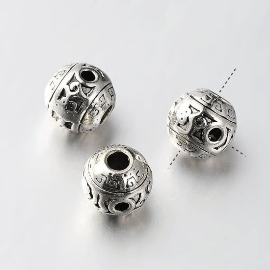 Köztes gyöngy - 10x9mm - tibeti stílusú - 3-lyukú - gömb alakú - antik ezüst színben - 304 Rozsdamentes Acél!
