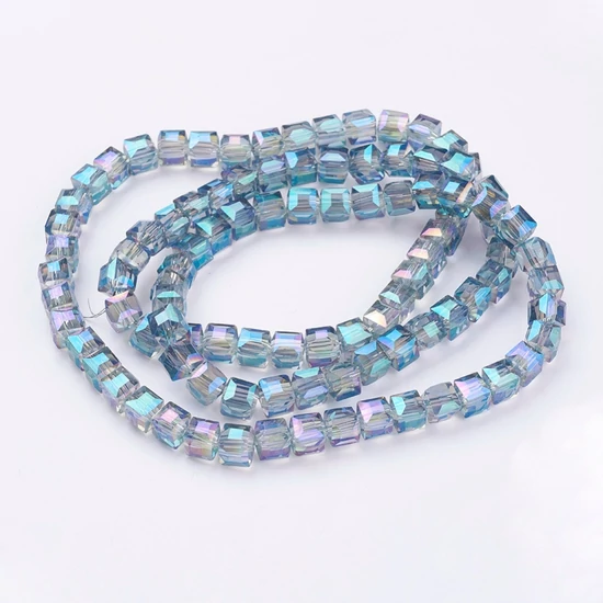 Üveggyöngy - 6x6mm - kocka alakban - közép akvamarin AB