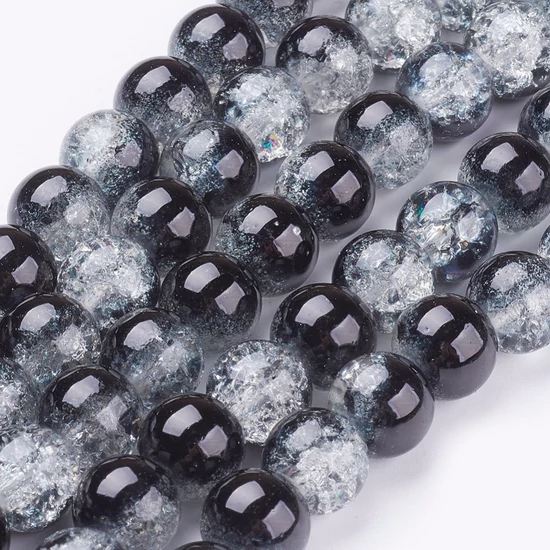 Üveggyöngy - 10mm - Kristály - fekete színű - robbantott 