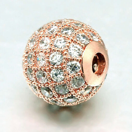 Cirkon kővel díszített - 8mm - gömb alakú köztes gyöngy, rózsaarany színű foglalatban