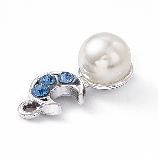 Medál - hold - kék strasszos - tekla gyöngy díszítéssel - platina ezüst színben