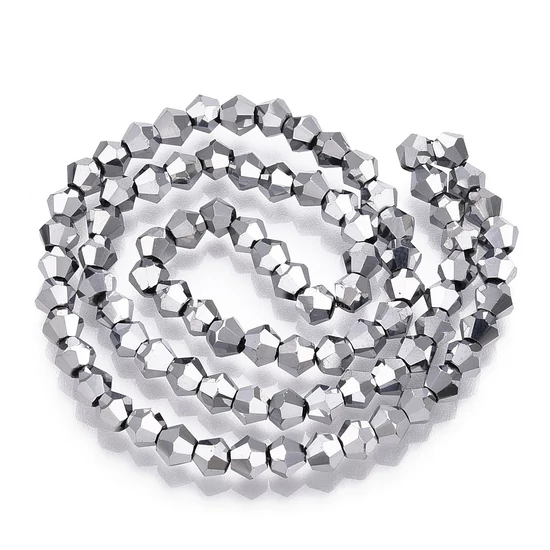 Üveggyöngy galvanizált, fazettált bicone/rombusz, ezüst, 4x4.5mm