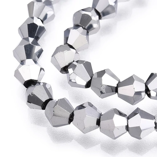 Üveggyöngy galvanizált, fazettált bicone/rombusz, ezüst, 4x4.5mm