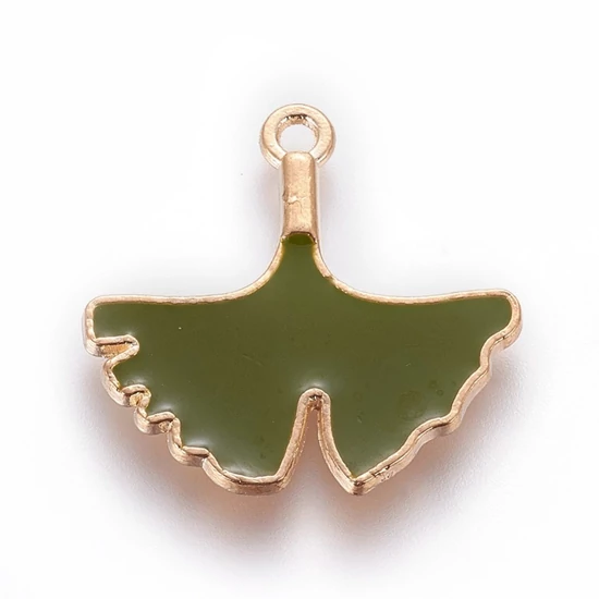 Medál - Ginkgo levél, világos arany, olajzöld, 22.5x22.5x2mm