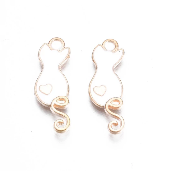 Medál - macska szívvel, fehér, 24.5x8.5x2mm, kadmiummentes és ólommentes