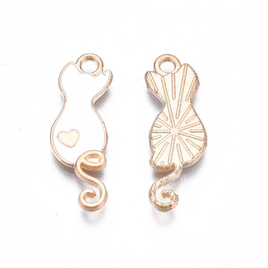 Medál - macska szívvel, fehér, 24.5x8.5x2mm, kadmiummentes és ólommentes