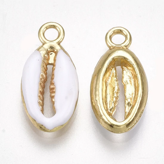 Medál - kagyló alakú, világos arany, fehér, 17x8.5x3.5mm