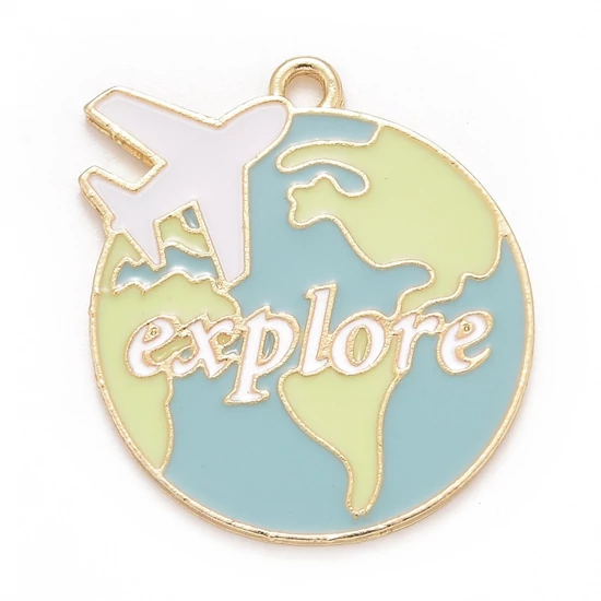 Medál - föld - 29x26mm - “Explore”- fehér - menta - és halvány arany színben
