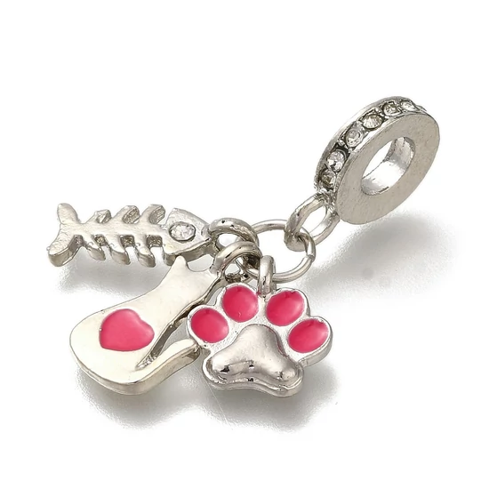 Medál - Charms, Fish Bone & Cat & Mancs nyom, nagy lyukú, rózsaszín zománc, és platina, 32mm 