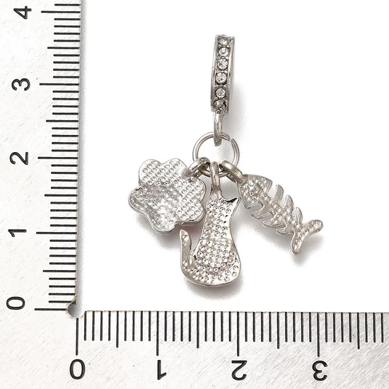 Medál - Charms, Fish Bone & Cat & Mancs nyom, nagy lyukú, rózsaszín zománc, és platina, 32mm 