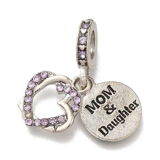 Medál - szív és Mom és Daughter felirattal, nagy lyukú Charms, antik ezüst és platina, 25mm