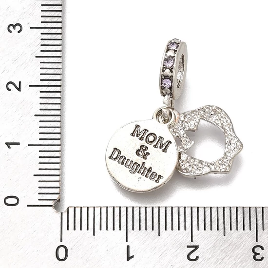 Medál - szív és Mom és Daughter felirattal, nagy lyukú Charms, antik ezüst és platina, 25mm