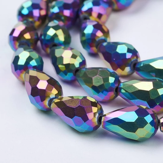 Üveggyöngy, csiszolt, csepp alakú, többszínű- irizáló, 15x10 mm
