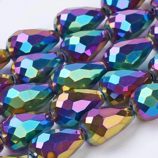 Üveggyöngy, csiszolt, csepp alakú, többszínű- irizáló, 15x10 mm