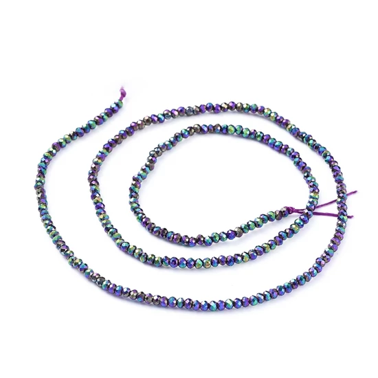 Üveggyöngy, csiszolt, fánk - rondelle, 2x1,5 mm, irizáló kék