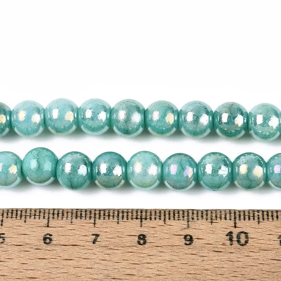 Üveggyöngy - gyöngyházfényű, irizáló, kerek, türkiz, 8x7,5 mm (10db)
