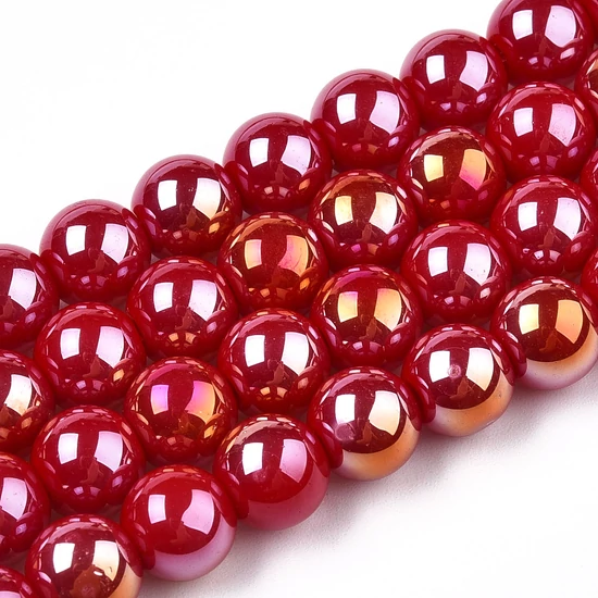 Üveggyöngy - Galvanizált, piros AB színű, kerek, 8~8.5mm (10db)